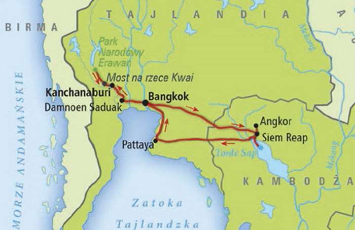 The River Kwai on a map of Thailand