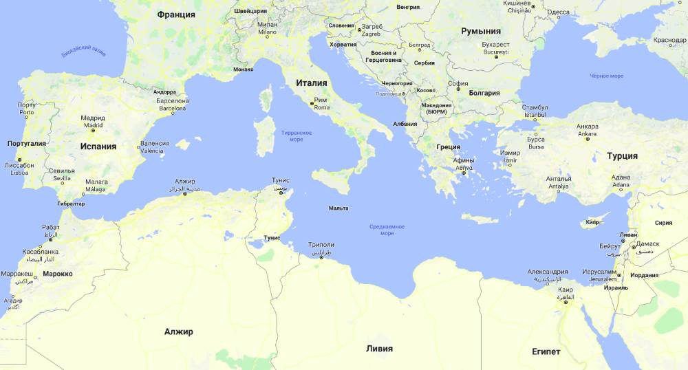 Карта Средиземного моря со странами, которые оно омывает