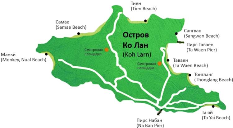 Карта пляжей острова Ко Лан (Паттайя, Таиланд)