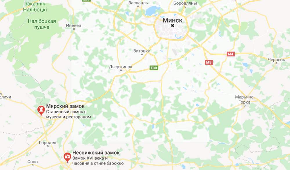 Mir Castle on the map of Belarus