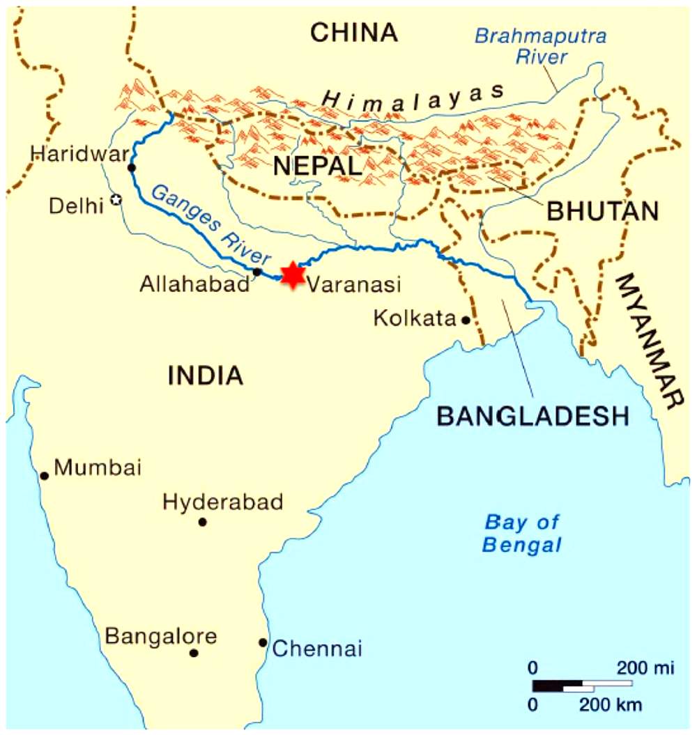 The Ganges River (India) on a map of the country