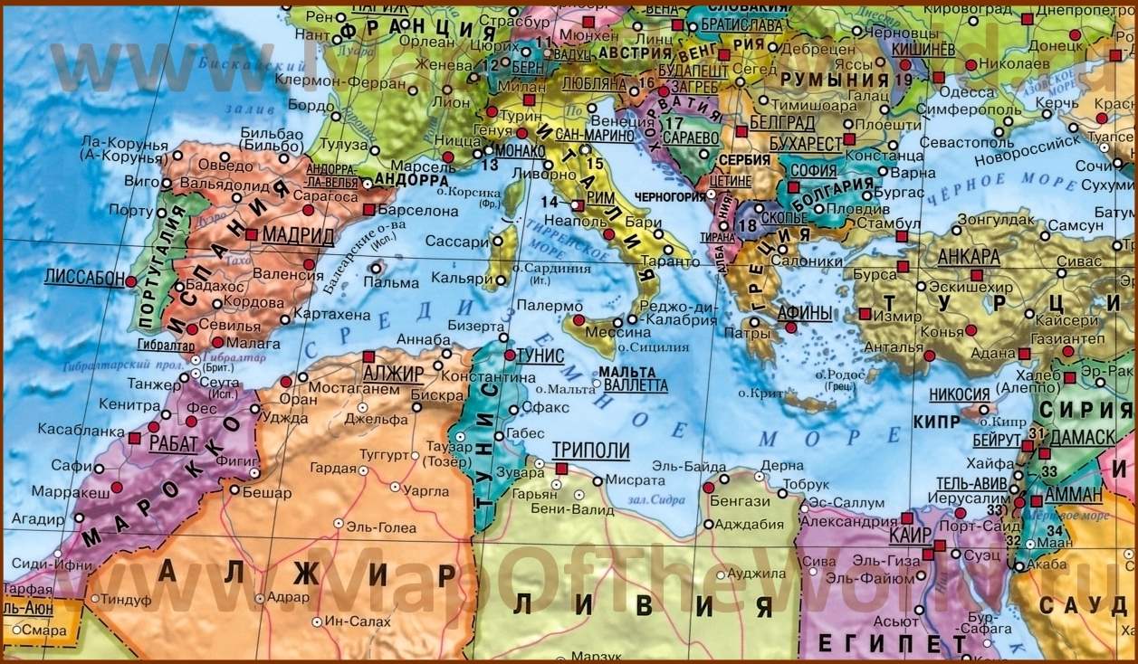 Map of the Mediterranean Sea with cities and countries