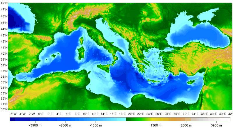 Map of the depths of the Mediterranean Sea