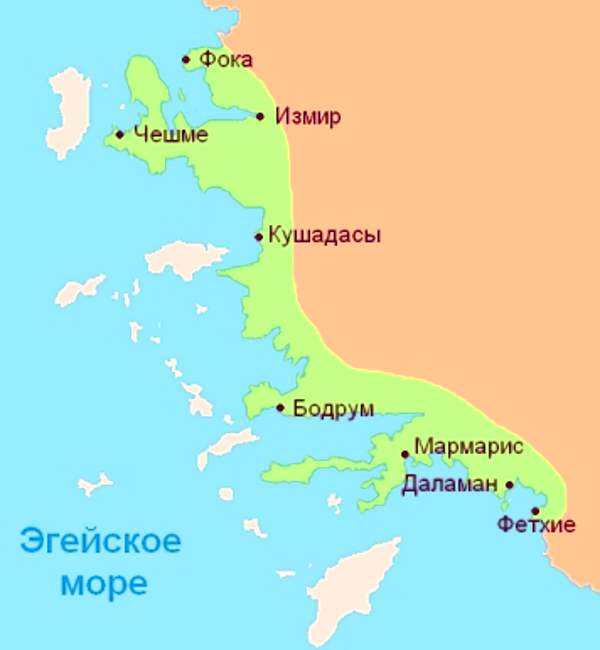 Турецкие курорты на Эгейском море - карта