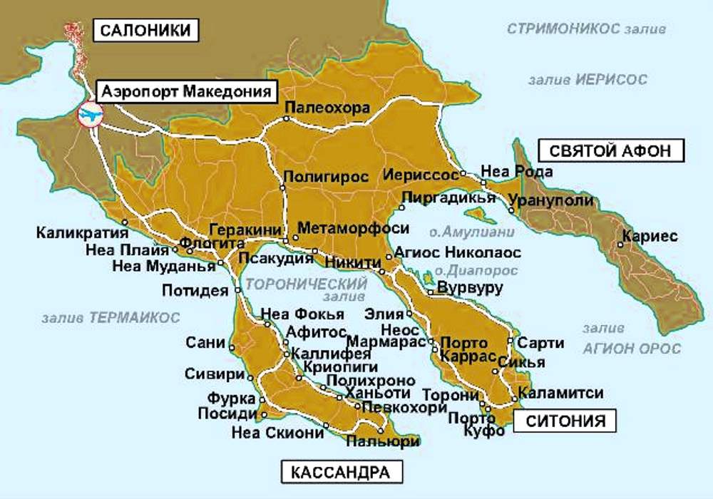 Kasandra Peninsula on the map of Greece