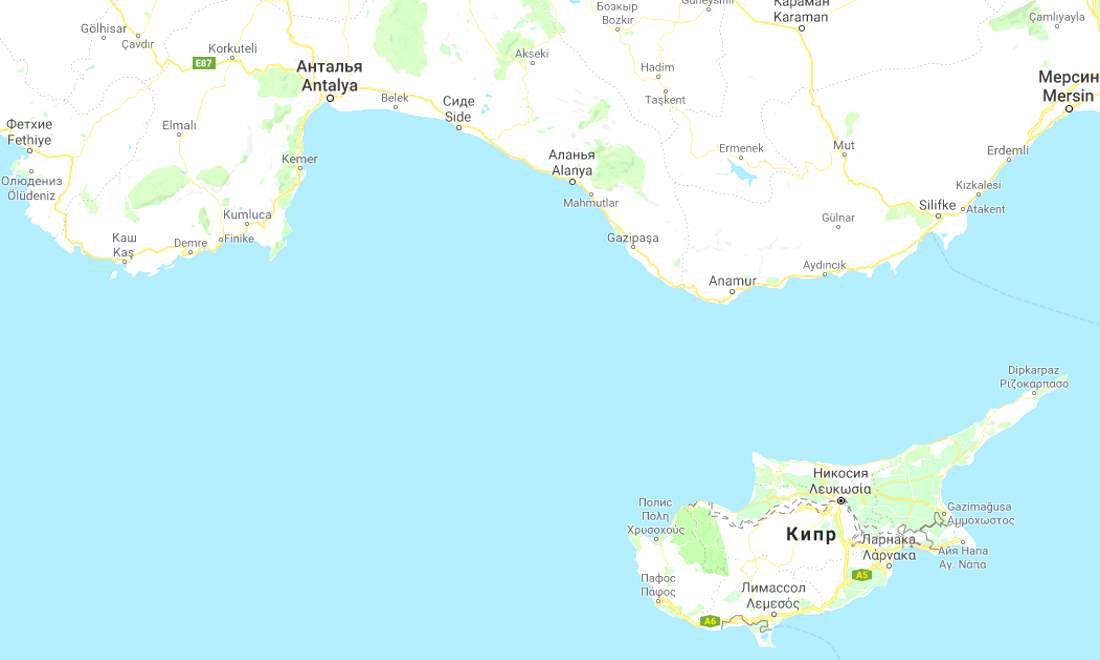 Map of Turkish resorts on the Mediterranean Sea