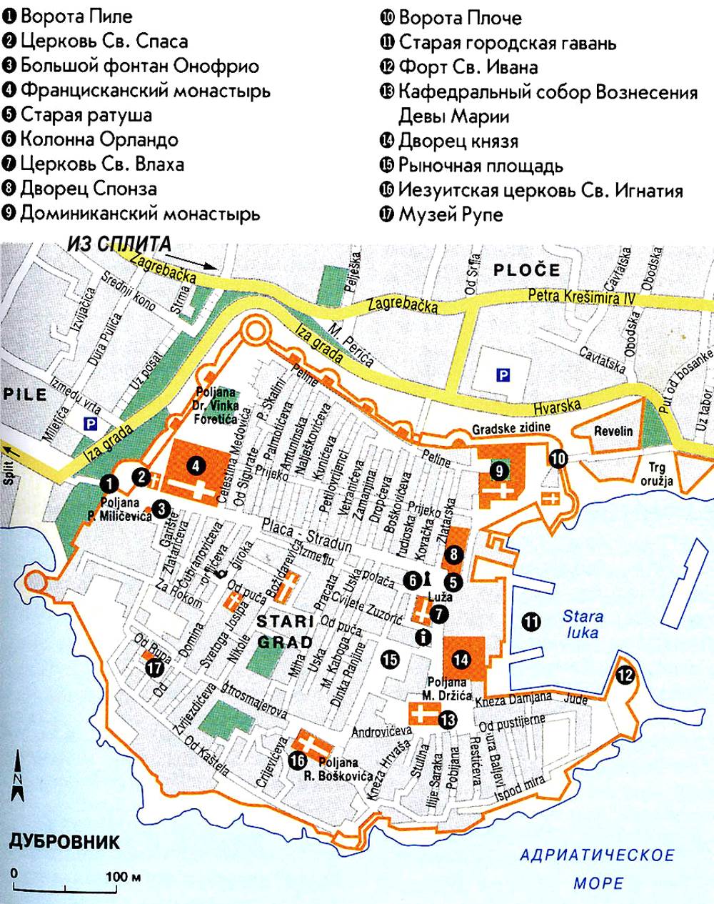 Dubrovnik sights on the city map