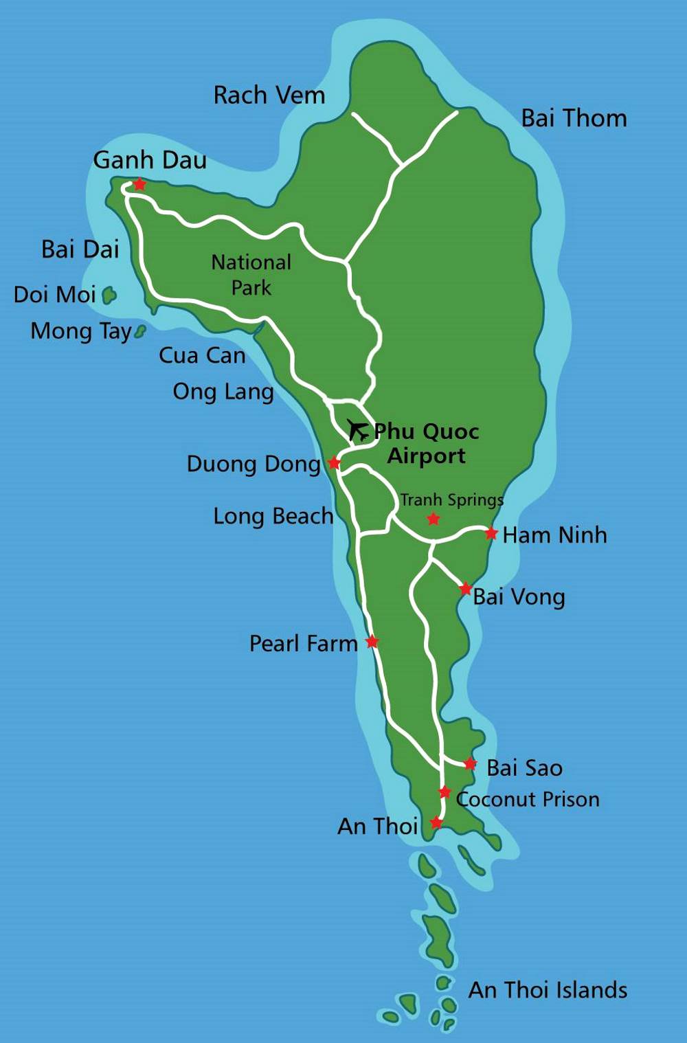 Map of Phu Quoc Island with beaches
