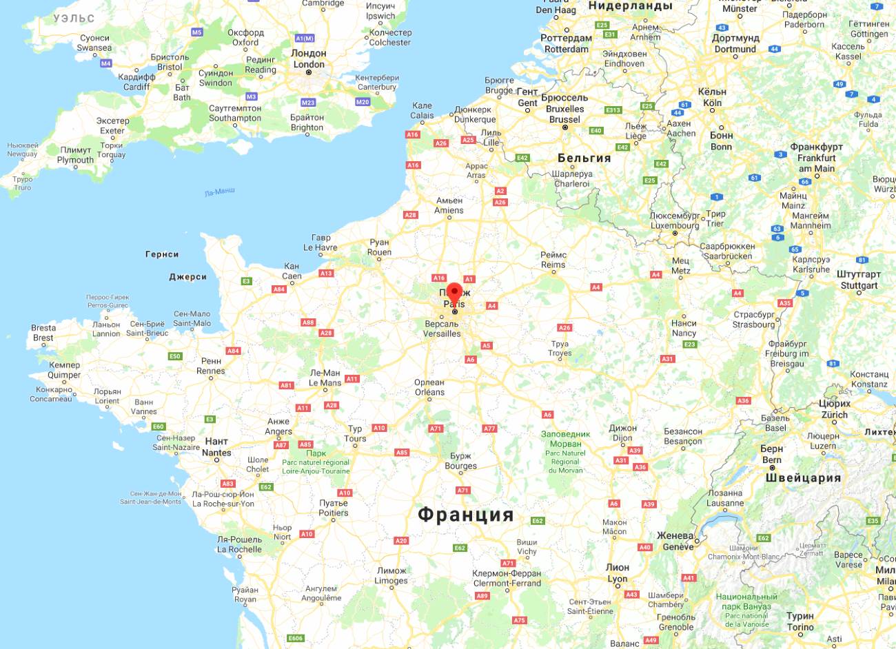 Расположение Парижа на карте мира