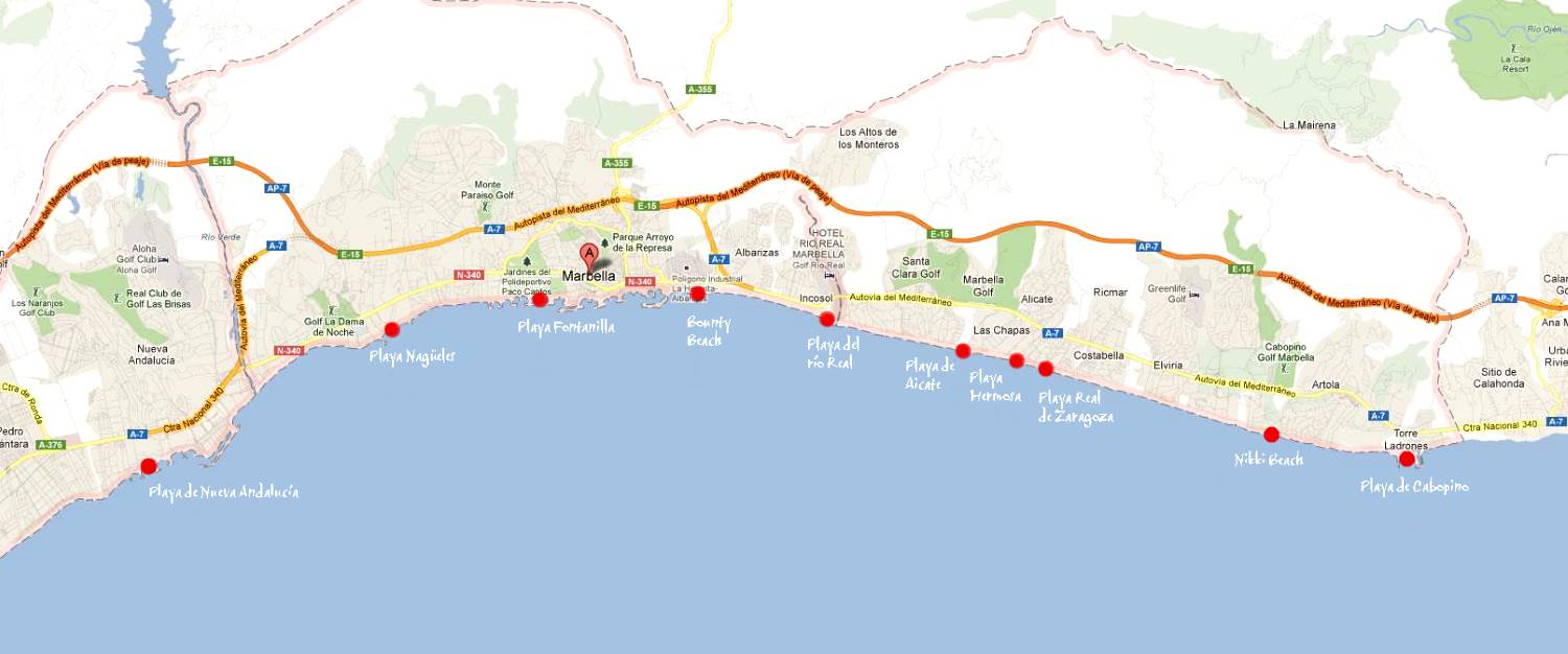 Карта пляжей курорта Марбелья (Испания)