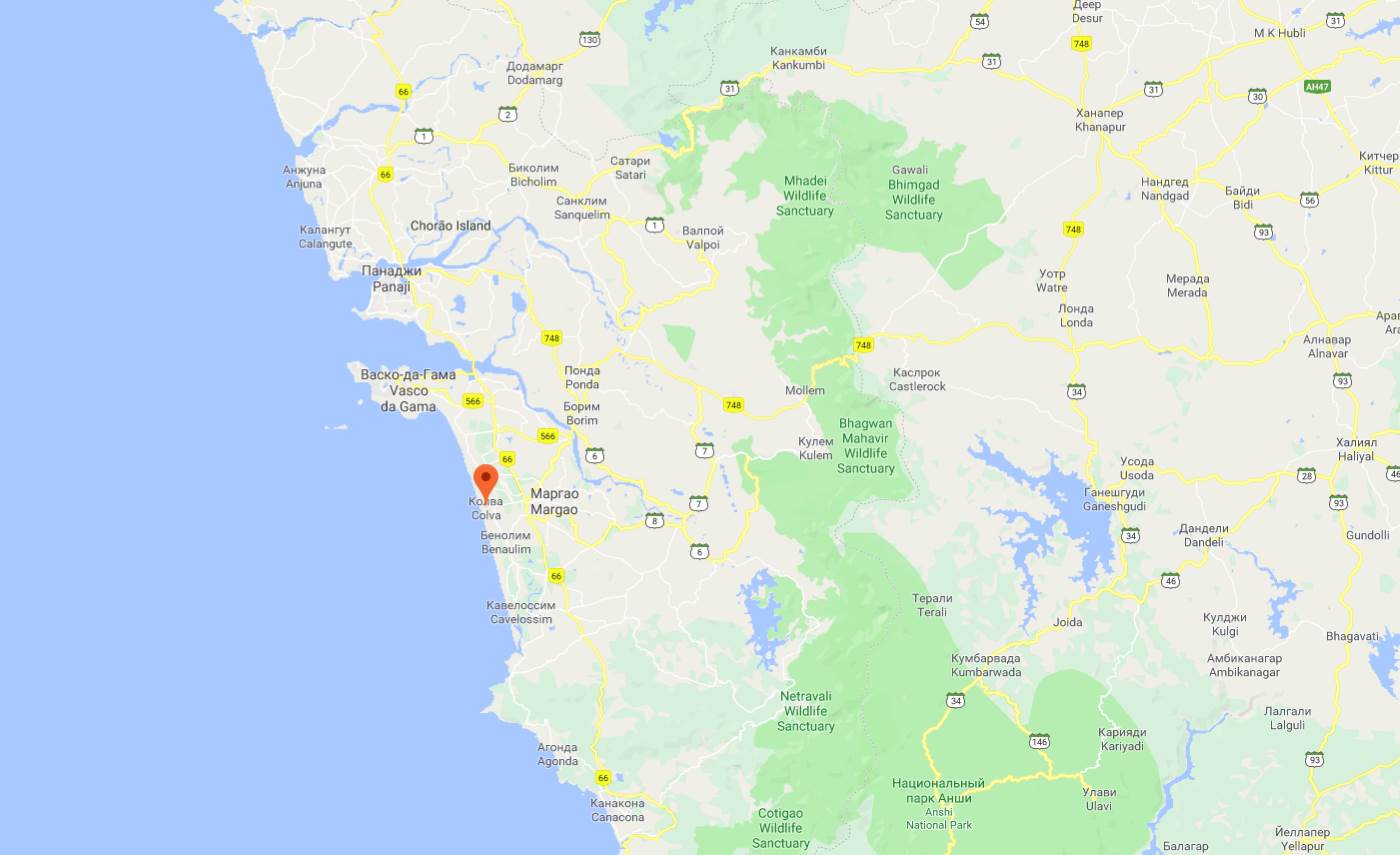 Колва на карте Гоа в Индии