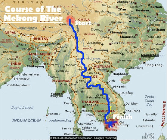 The Mekong River on the map of Indochina