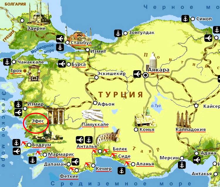 Город Эфес на карте Турции