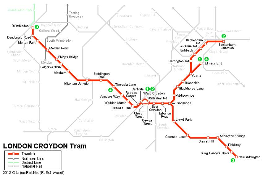 Схема трамвайных маршрутов Лондона, Великобритания
