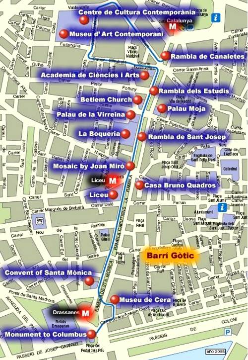 Карта бульвара Рамбла с достопримечательностями