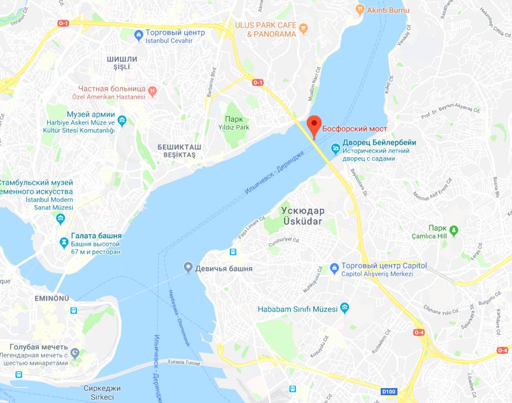 Location of the Bosphorus Bridge on the map of Istanbul