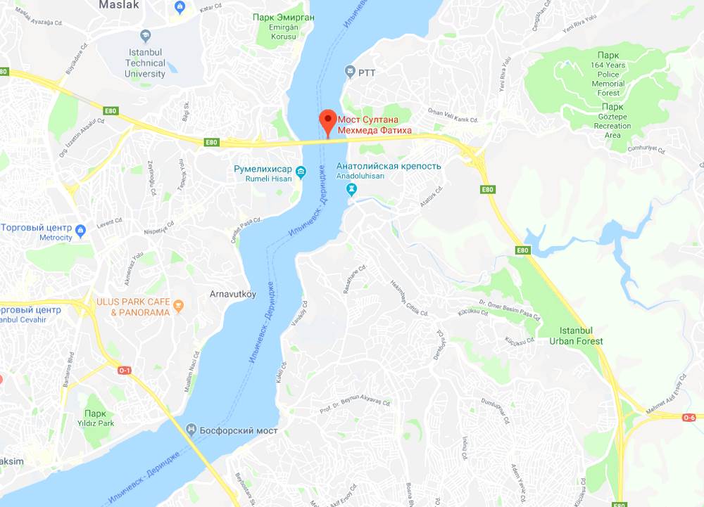 Location of the Sultan Mehmed Fatih Bridge on the map of Istanbul