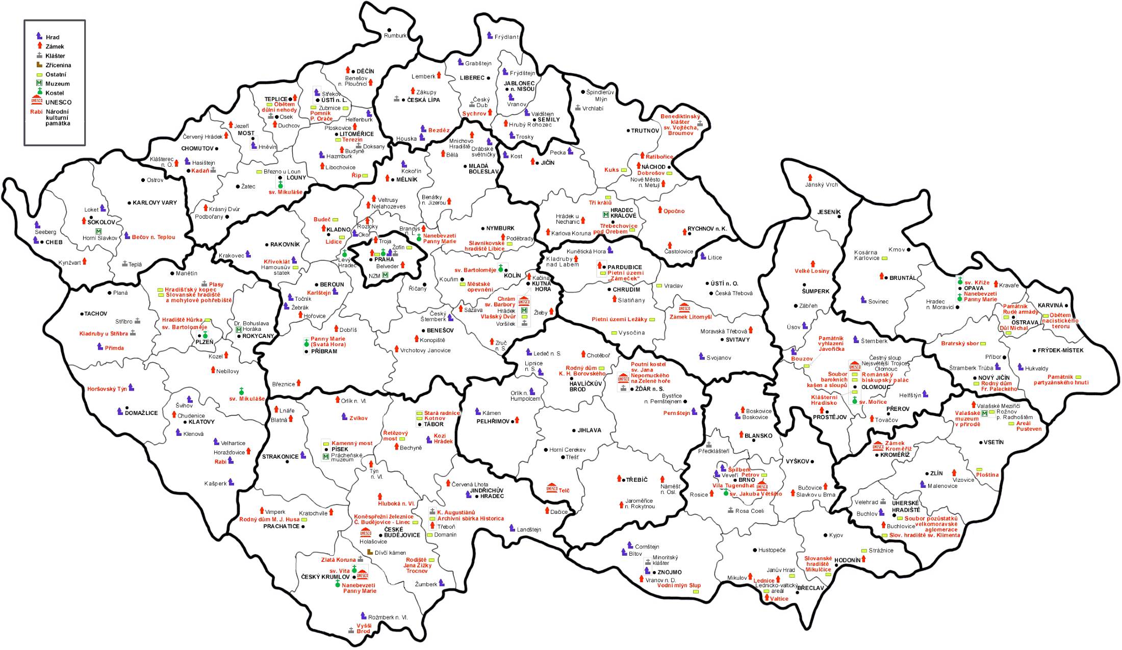 Map of the Czech Republic with places of interest