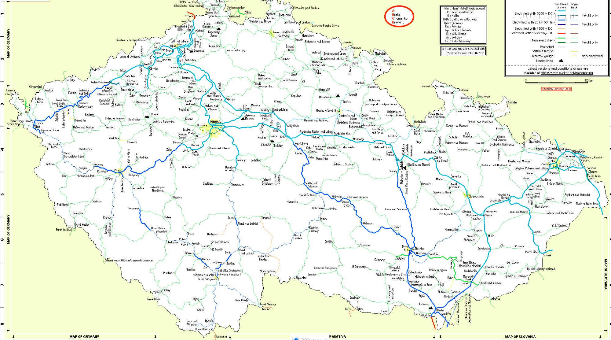 Карта железных дорог Чехии