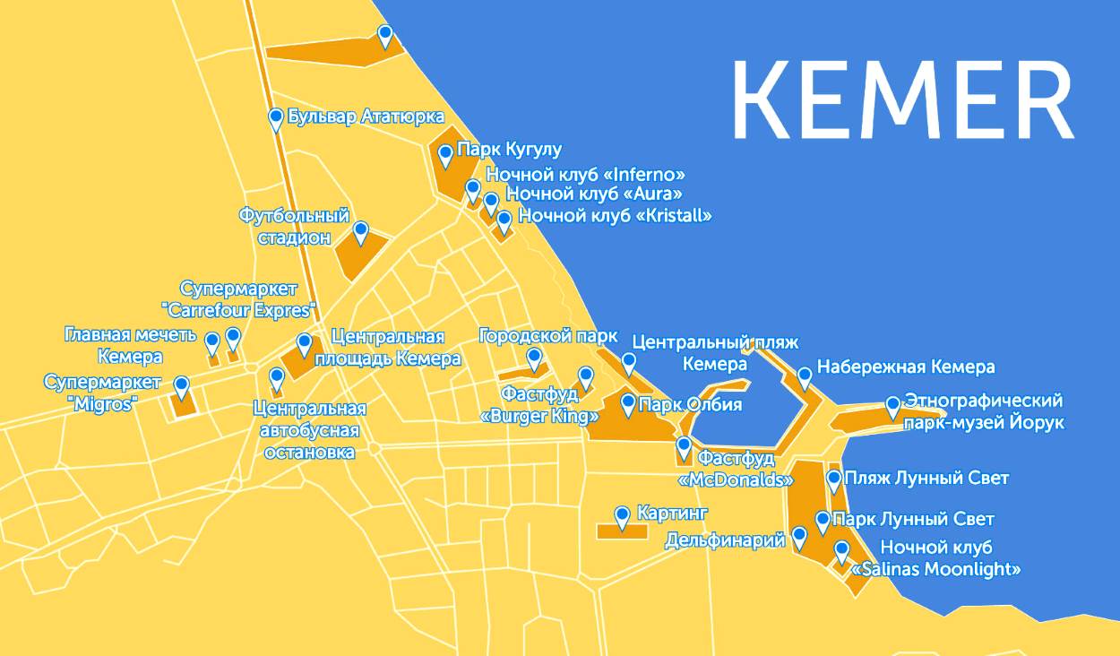 Карта достопримечательностей Кемера в Турции