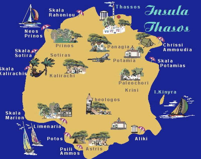 Карта достопримечательностей острова Тасос в Греции