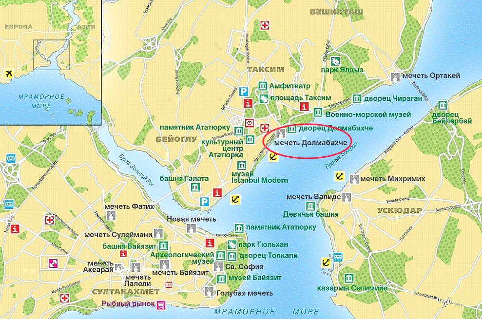 The Dolmabahce Mosque on the map of Istanbul