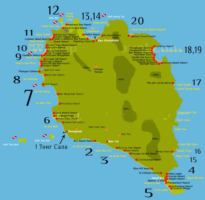 Карта лучших пляжей острова Панган