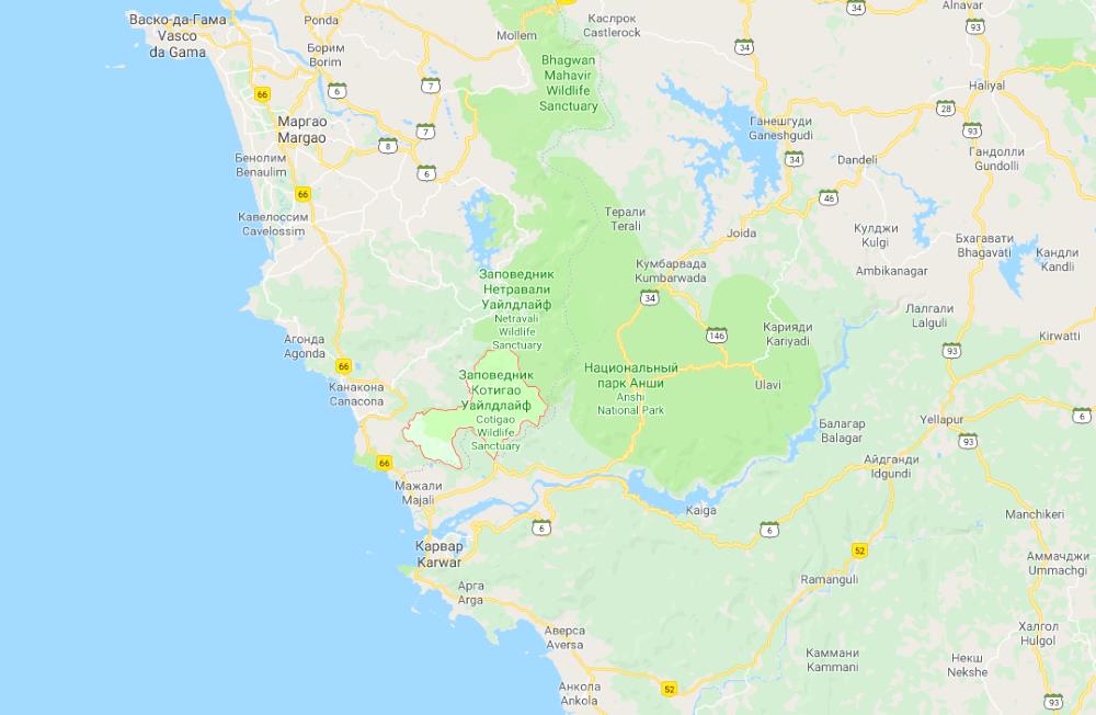 Заповедник Котигао на карте Гоа, Индия