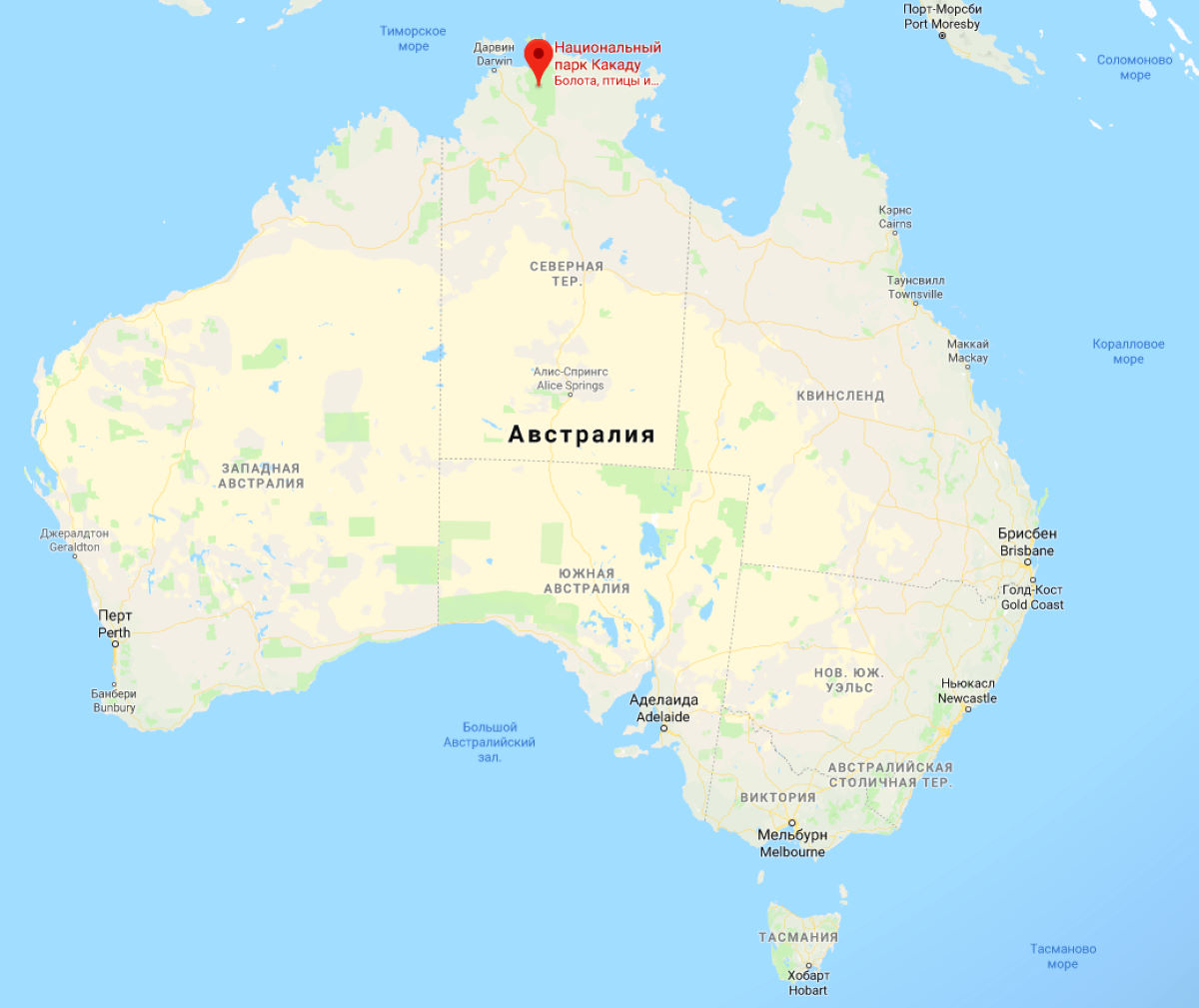 Kakadu National Park on a map of Australia