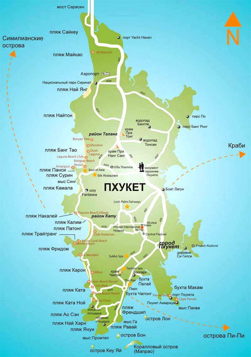 Beaches of Phuket on a map of the island