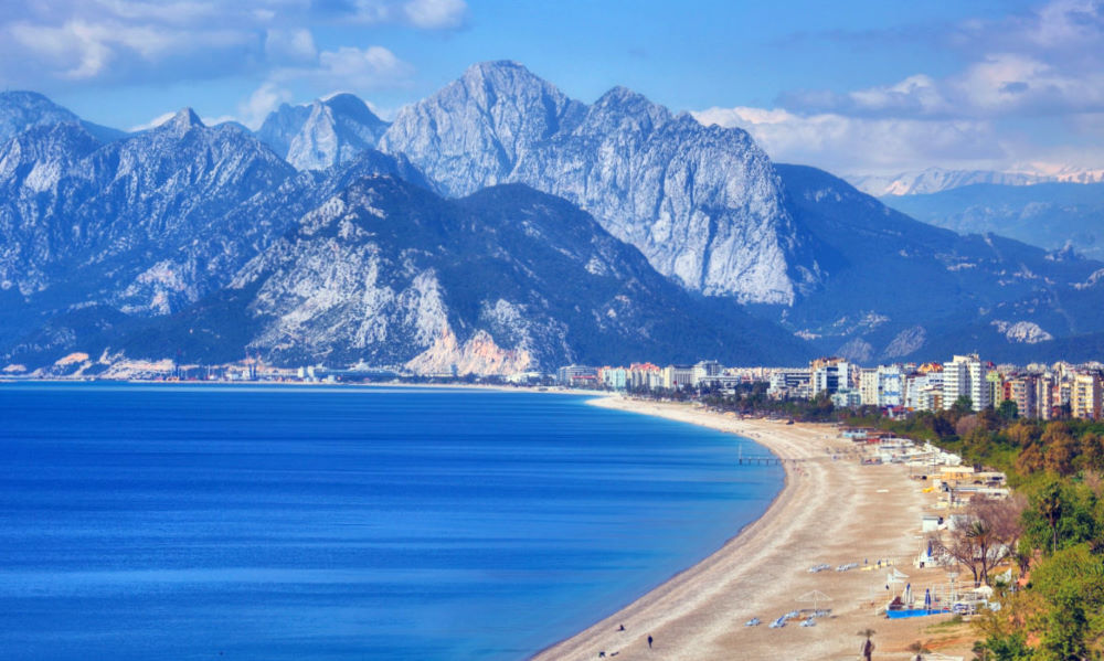 Antalya is a Turkish resort with a sandy beach on the Mediterranean Sea
