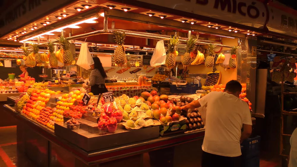 The lively Boquería market in the center of Barcelona