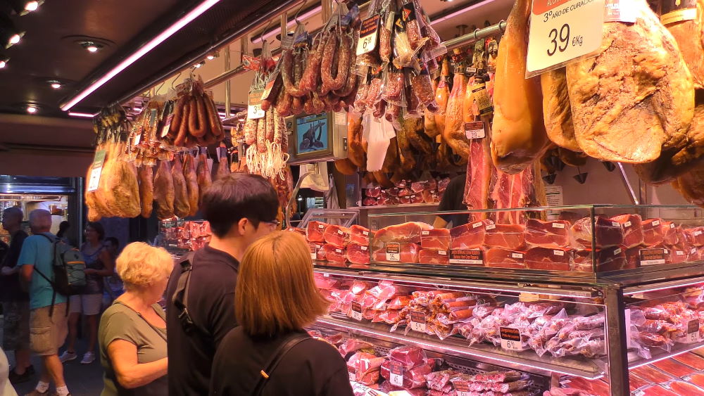 Meat rows in the Boquería market in Barcelona